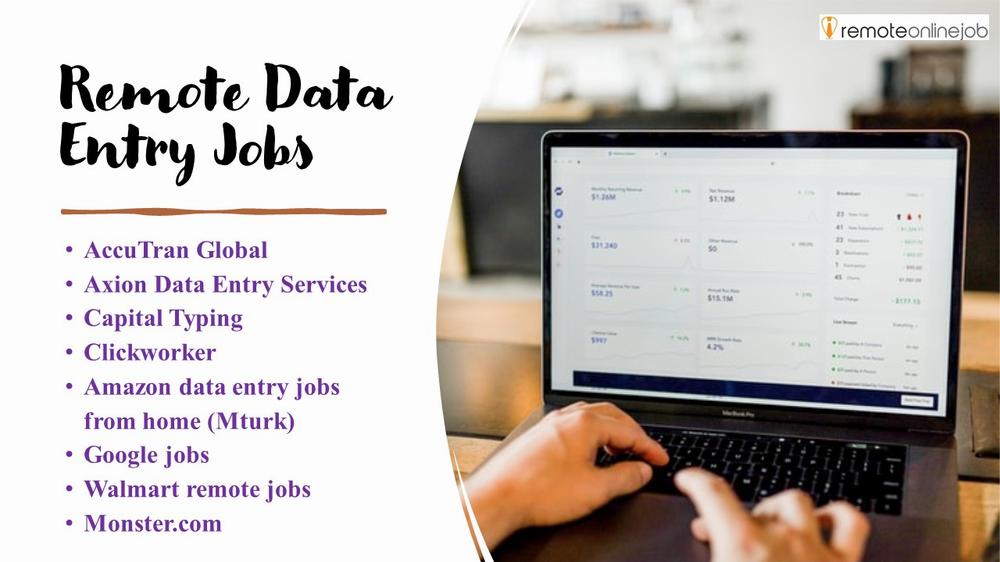 A person is seen working on a laptop with a list of remote data entry jobs displayed on the screen.