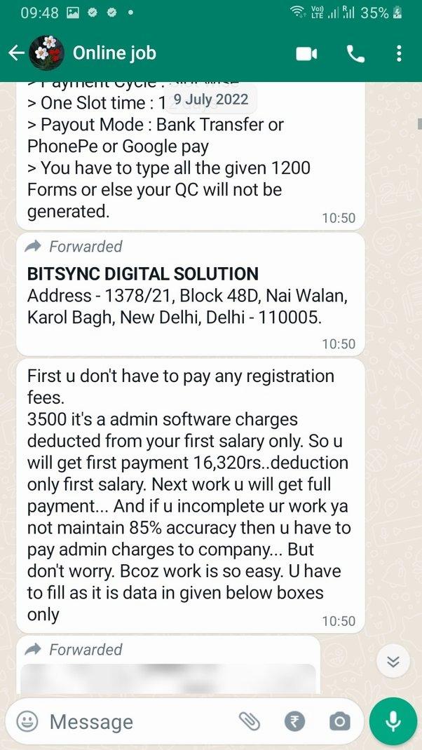 Screenshot of a message on a phone about a job opportunity with a company called BITSYNC DIGITAL SOLUTION.