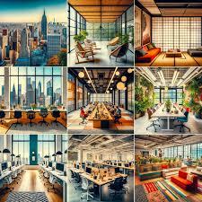 A collage of 9 pictures of various office spaces, all with large windows.