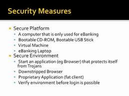 A slide titled Security Measures lists secure platforms and secure environments for ebanking.