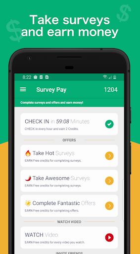 The image shows a mobile app that allows users to earn money by completing surveys and offers.