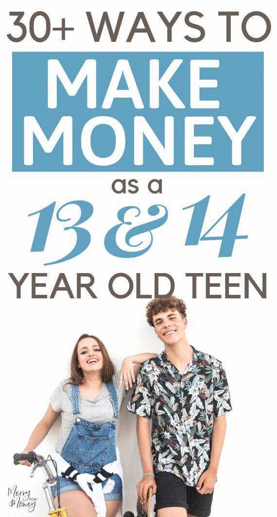 Two teenagers, a boy and a girl, are standing next to each other. The text on the image reads 30+ Ways to Make Money as a 13 & 14 Year Old Teen.