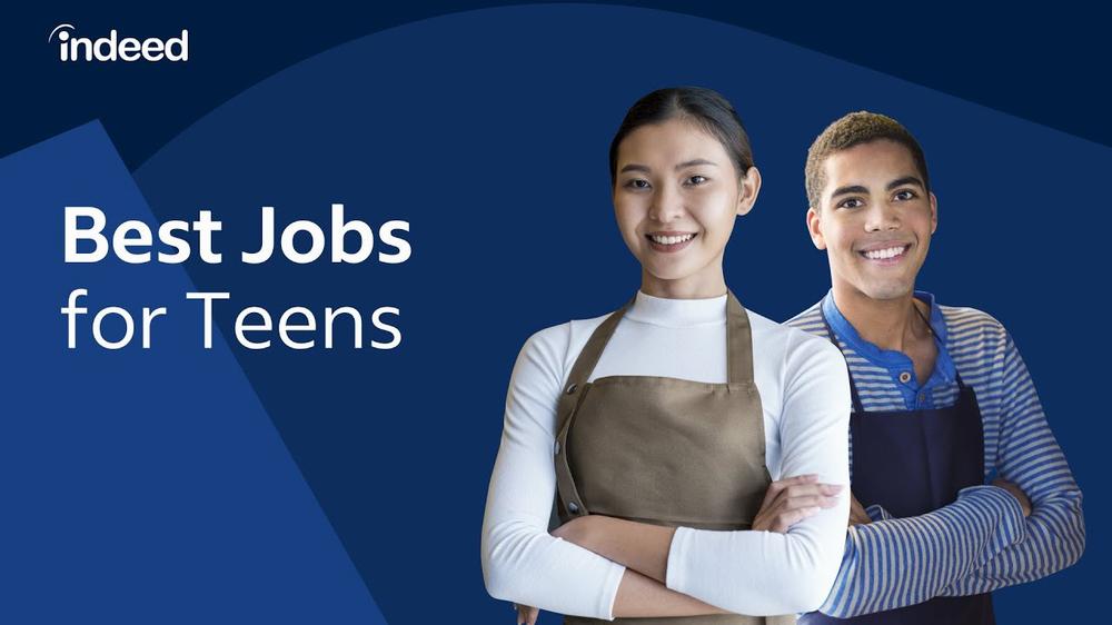 Two smiling teenagers, wearing aprons, stand side by side in front of a blue background with text reading: Best Jobs for Teens.