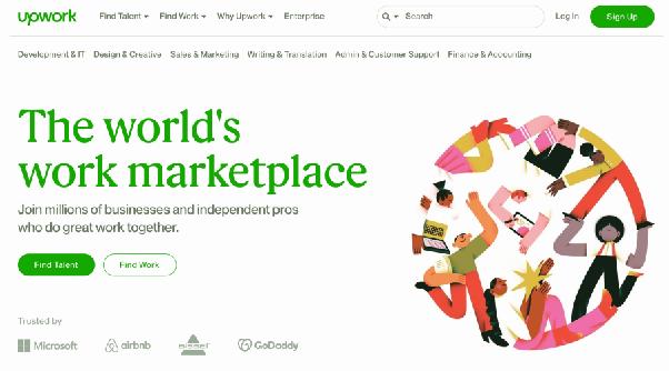 A colorful illustration of people of various ethnicities and genders working together on a variety of projects, with the Upwork logo and tagline The worlds work marketplace in the center.