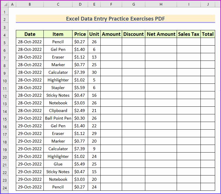 Screenshot of an Excel file with a table containing a list of items, prices, and quantities.