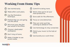 A list of tips for working from home, including setting a schedule, creating a dedicated workspace, and taking breaks.