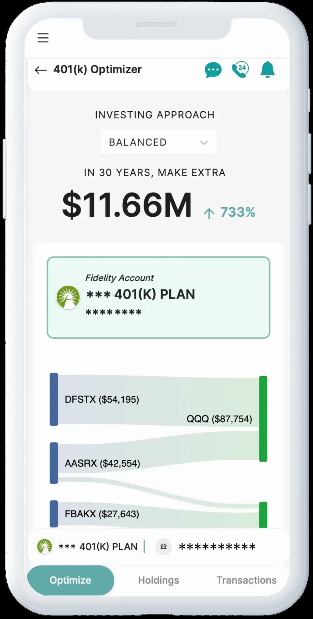 A screenshot of a 401(k) investment plan showing the projected growth over 30 years.